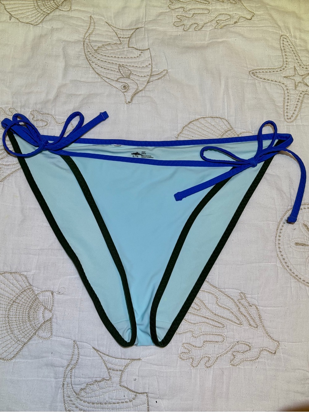 Aerie Light Aqua Blue Tie-Side Bikini Bottom with Blue & Green Trim. XL